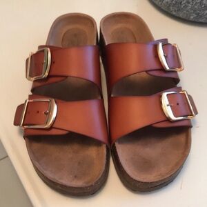 Brown Double Strap Sandals with Gold Buckles